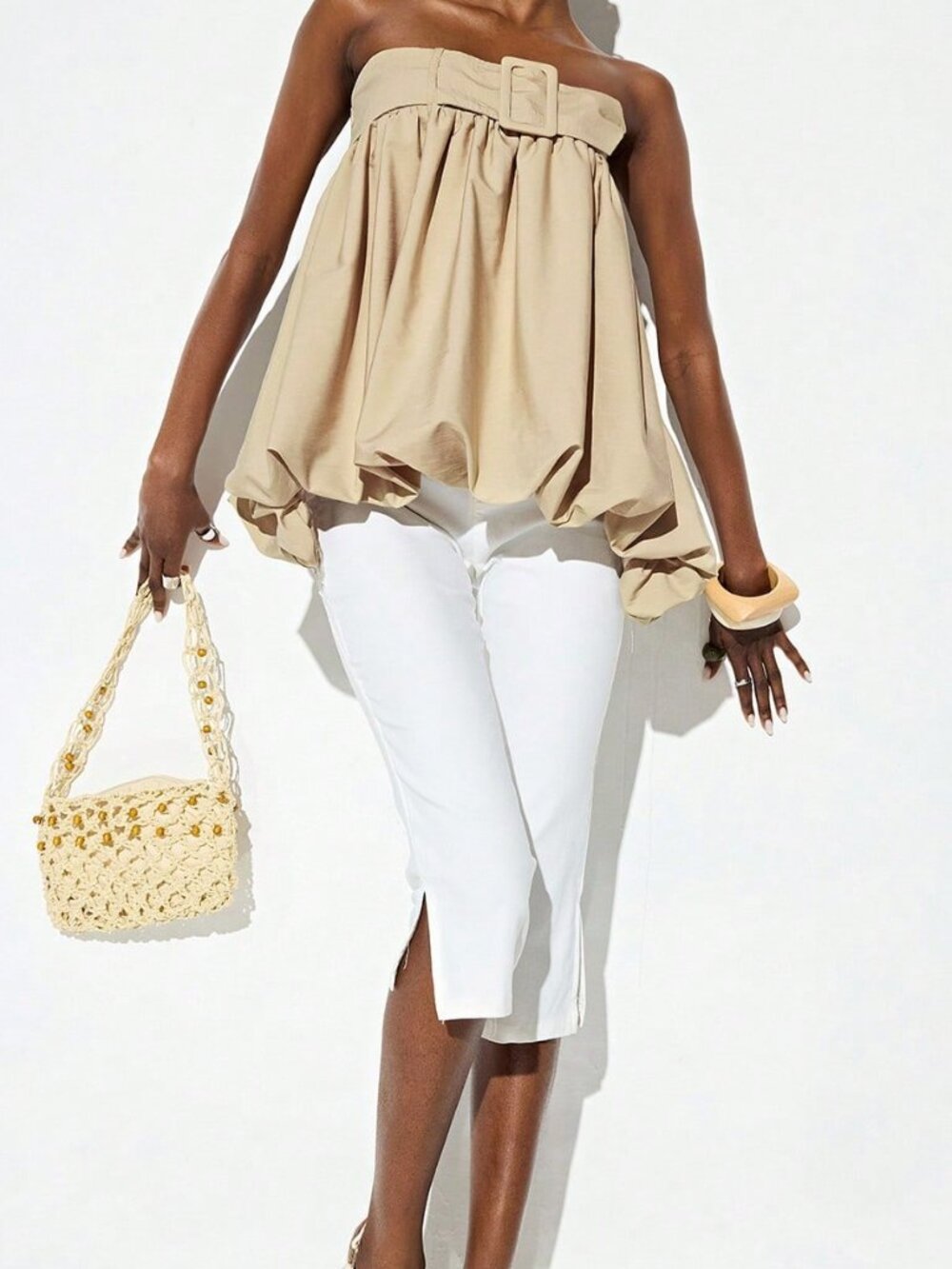 Khaki Casual Women's Strapless Belt Buckle Voluminous Balloon Hem Top - Picture 6 of 7